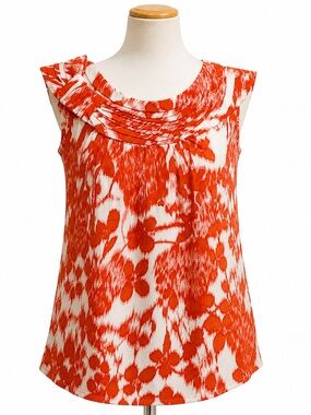 Cabi Blood Orange Abstract Print Pleated Neck Blouse - Size M